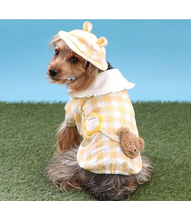 Bear kindergarten clothes Plaid pattern with hat bear with collar cute puppy pet wear dog clothes