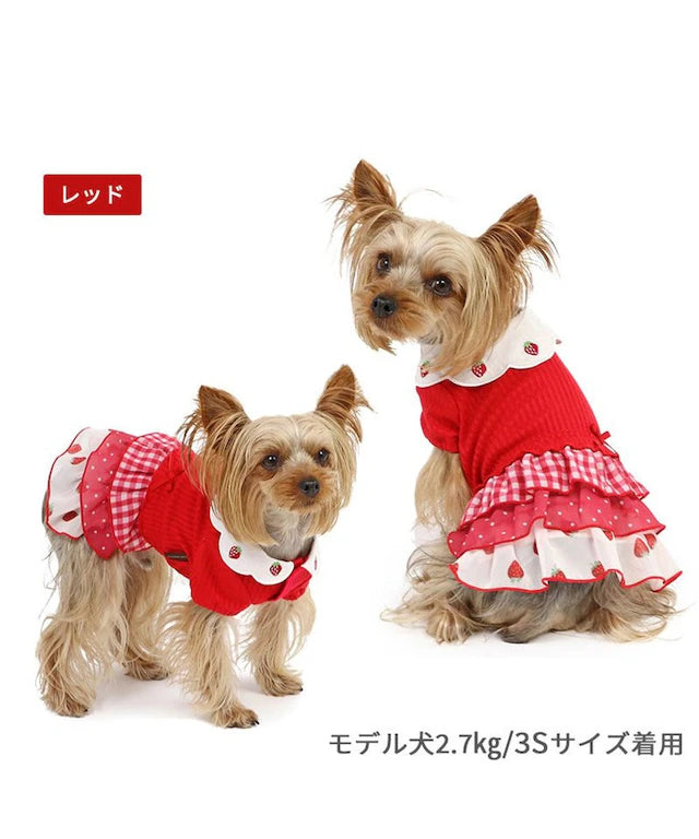 Dog clothes, one piece, small dog, strawberry embroidery, scalloped collar | Girls' red pink plaid ruffle skirt, strawberry, fashionable, cute, dog cat clothes