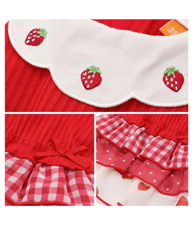 Dog clothes, one piece, small dog, strawberry embroidery, scalloped collar | Girls' red pink plaid ruffle skirt, strawberry, fashionable, cute, dog cat clothes