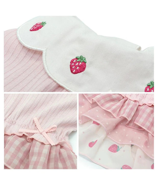 Dog clothes, one piece, small dog, strawberry embroidery, scalloped collar | Girls' red pink plaid ruffle skirt, strawberry, fashionable, cute, dog cat clothes