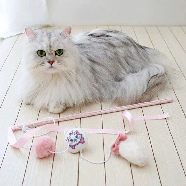 Disney Cat Toy Cat Teaser Marie Tail Ribbon | Pompom Toy with Bells Makes Sounds Cute Play Stick Cat Cat