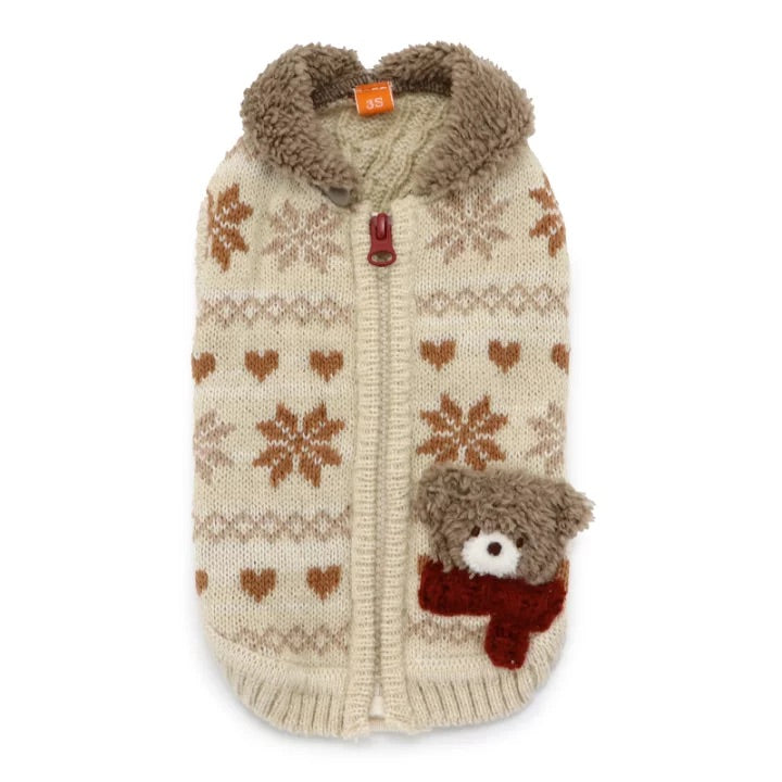 Vest Open back Bear Snow pattern Brown Zipper Rib knitting clothes Fluffy Easy to wear