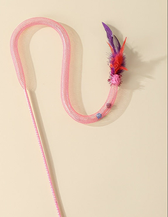 Cats Teaser with Colorful Flexible Net Tube and Feathered Attachments With Bells