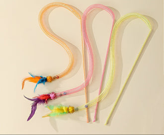 Cats Teaser with Colorful Flexible Net Tube and Feathered Attachments With Bells