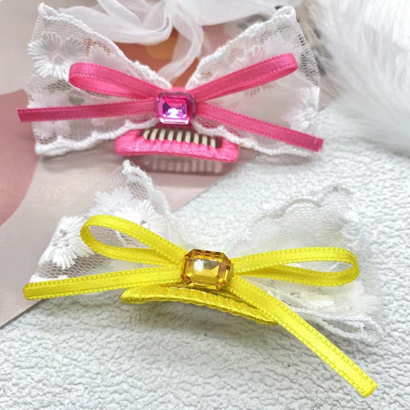 Bow with Lace and Square Diamond Hair Clip