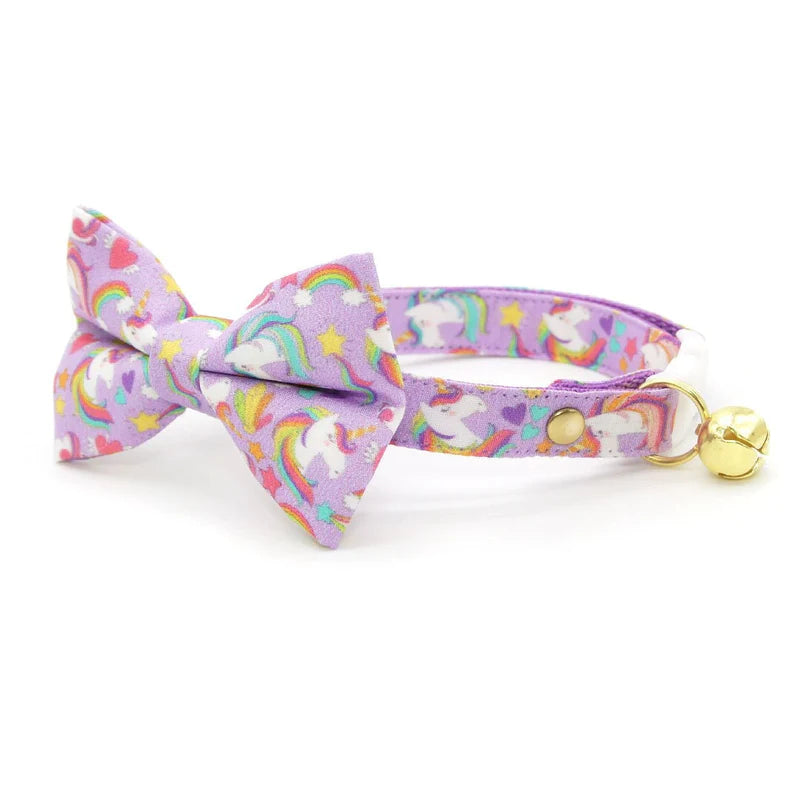 Bow Tie Cat Collar Set - "Unicorn Fantasy" - Magical Unicorns Light Purple Cat Collar w/ Matching Bowtie / Cat