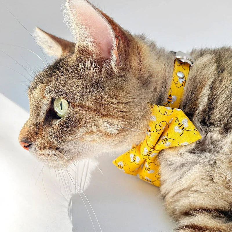 Bow Tie Cat Collar Set - "Show Me The Honey" - Yellow Bee Cat Collar w/ Matching Bowtie / Spring + Summer / Cat