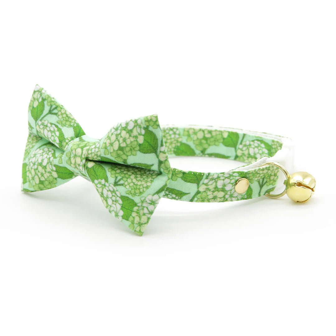 Bow Tie Cat Collar Set - "Hydrangea Hill" - Botanical Green Cat Collar w/ Matching Bowtie / Spring + Summer Floral / Cat