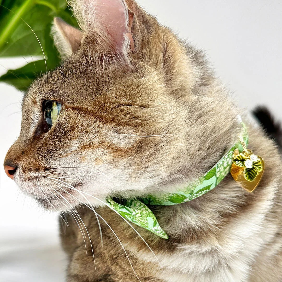 Bow Tie Cat Collar Set - "Hydrangea Hill" - Botanical Green Cat Collar w/ Matching Bowtie / Spring + Summer Floral / Cat