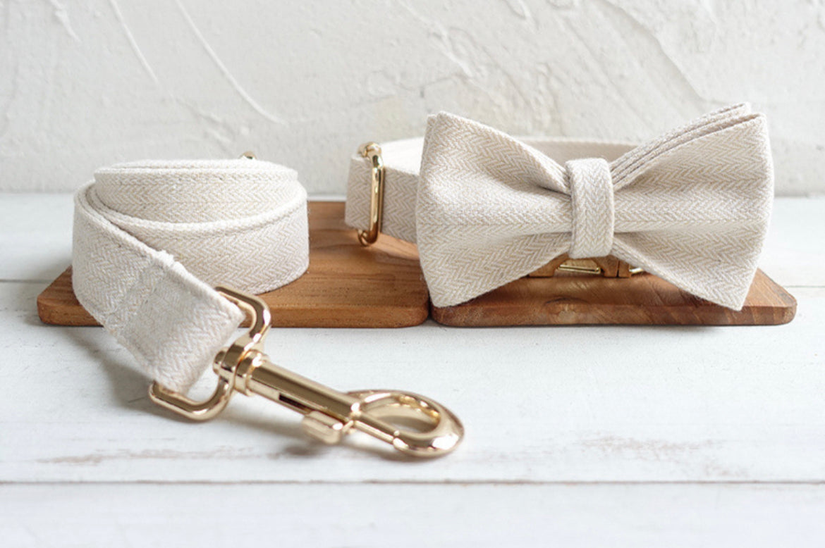 Cream Wool Collar Leash Bowtie