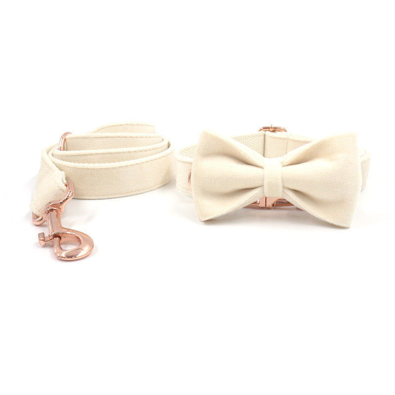 White Velour Collar Leash Bowtie