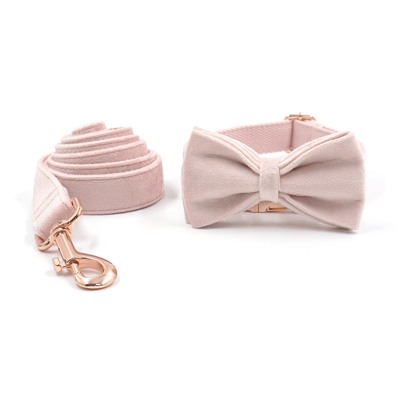 Champagne Pink Velour Collar Leash Bowtie