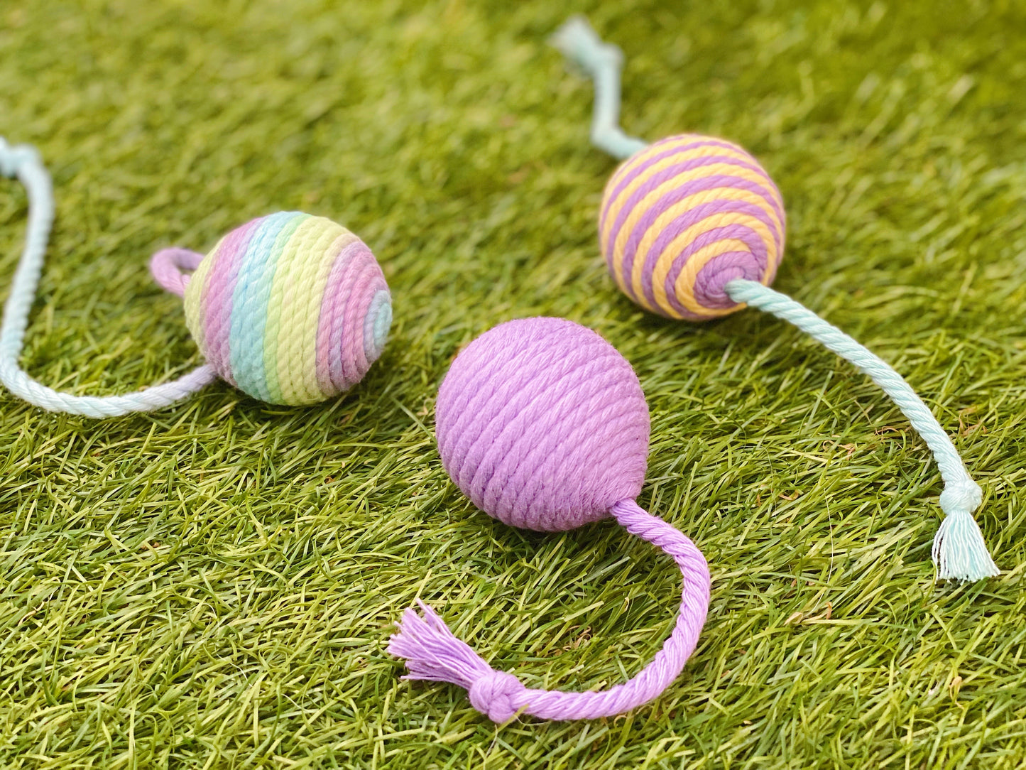 Cotton Rope Macaron Balls With Long Tail & Rattles